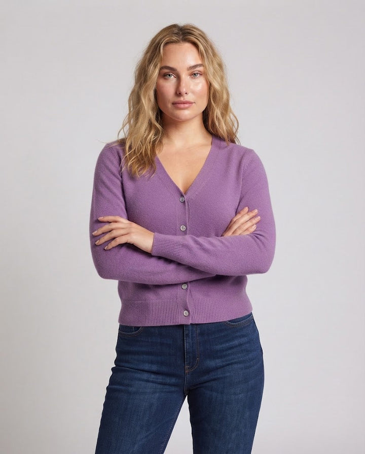 Damen Feiner V-Ausschnitt Kaschmir-Cardigan mit Perlmuttknöpfen Drune