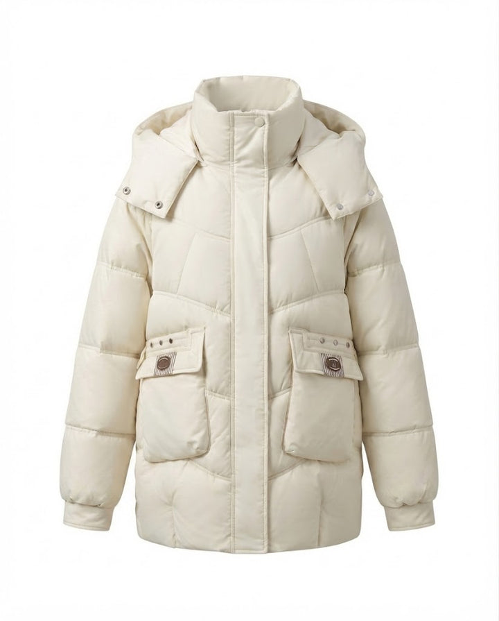 Damen mid-long gepolsterte Parka mit hohem Stehkragenklappe, verstaubarem Kapuze und großen Cargo-Taschen