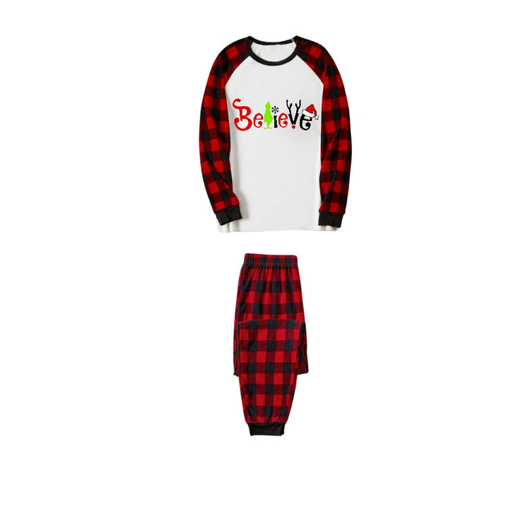 Drune | Christmas 2025 "Believe" Buchstaben Weiß Langarmoberteil und rot-schwarz karierten Hose Familienpassende Pyjamas