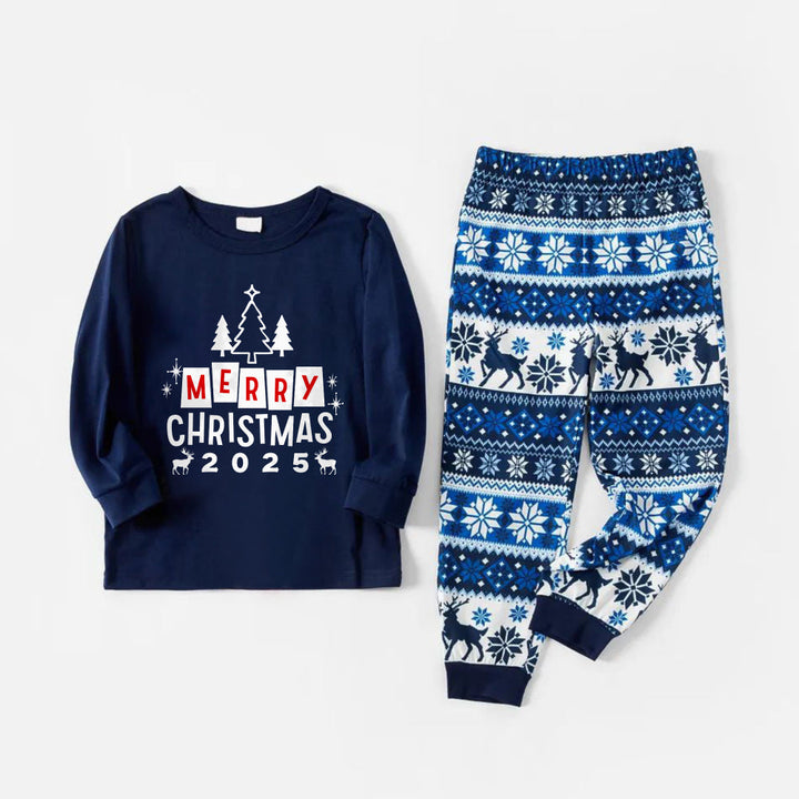 Drune | Fröhliche Blaue Weihnachten Pyjama Set mit Weihnachtsbaum und Feiertags-Slogan