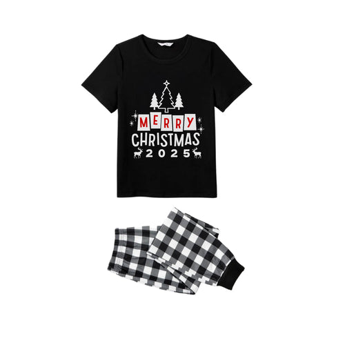 Drune | Schwarz-Weiß karierte kurzärmelige Weihnachtsfamilien-Pyjama-Set mit 