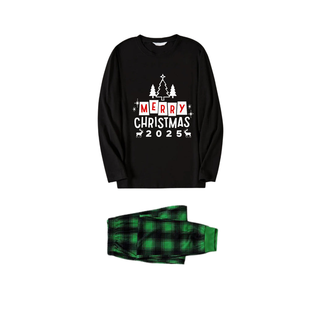 Drune | Weihnachtsfamilien-Pyjama-Matching - Schwarzes Oberteil und grüne karierten Hose PJs Set mit "Frohe Weihnachten 2025" Druck