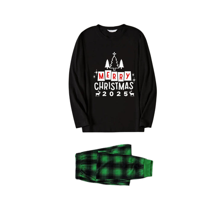 Drune | Weihnachtsfamilien-Pyjama-Matching - Schwarzes Oberteil und grüne karierten Hose PJs Set mit "Frohe Weihnachten 2025" Druck