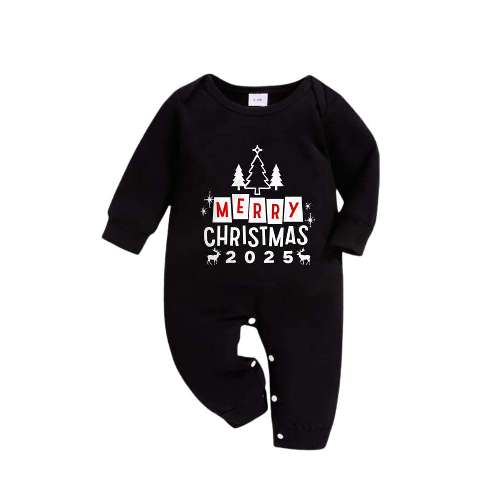 Drune | Weihnachtsfamilien-Pyjama-Matching - Schwarzes Oberteil und grüne karierten Hose PJs Set mit "Frohe Weihnachten 2025" Druck