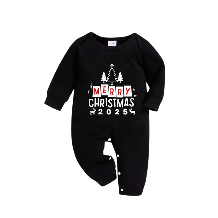 Drune | Weihnachtsfamilien-Pyjama-Matching - Schwarzes Oberteil und grüne karierten Hose PJs Set mit "Frohe Weihnachten 2025" Druck