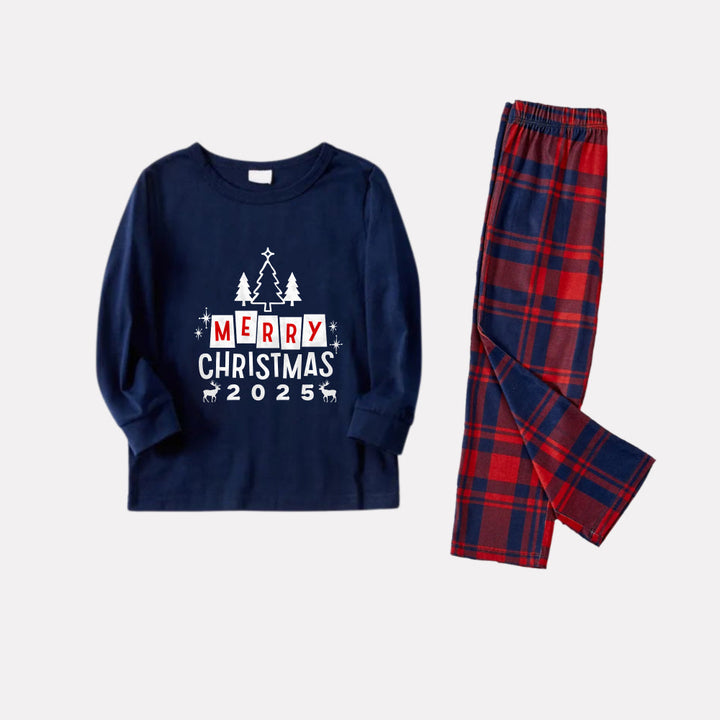 Drune | Weihnachten Familien passende Pyjamas - Marineblau & Rot kariertes Pj-Set mit "Frohe Weihnachten" Druck