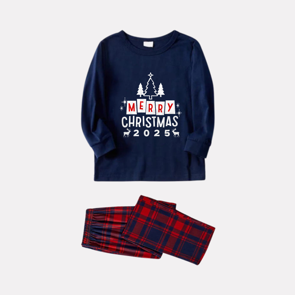 Drune | Weihnachten Familien passende Pyjamas - Marineblau & Rot kariertes Pj-Set mit "Frohe Weihnachten" Druck