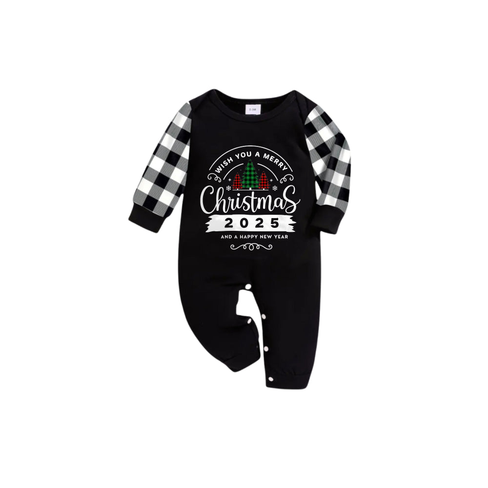 Drune | Schwarz-weißer kariert Kurzarm Weihnachten Familien-Pyjama-Set mit "Wünsche dir frohe Weihnachten 2025 und ein glückliches neues Jahr" Druck