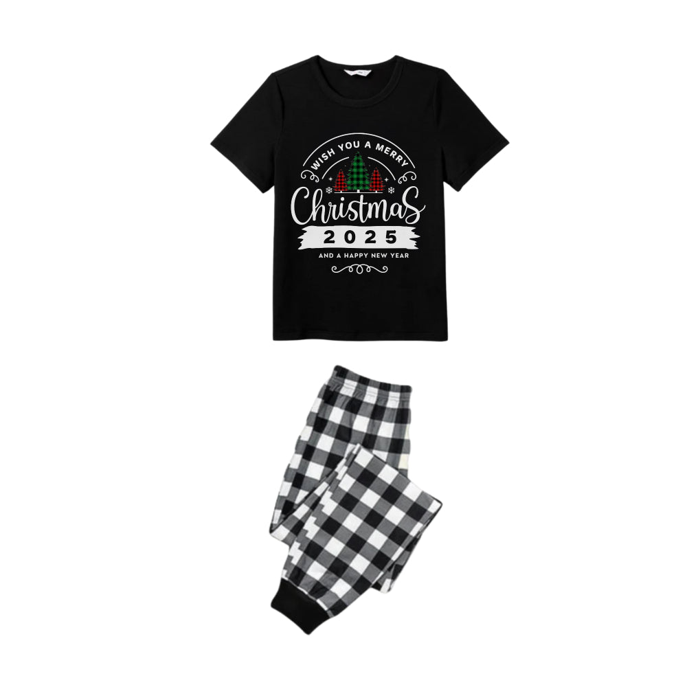Drune | Schwarz-weißer kariert Kurzarm Weihnachten Familien-Pyjama-Set mit "Wünsche dir frohe Weihnachten 2025 und ein glückliches neues Jahr" Druck