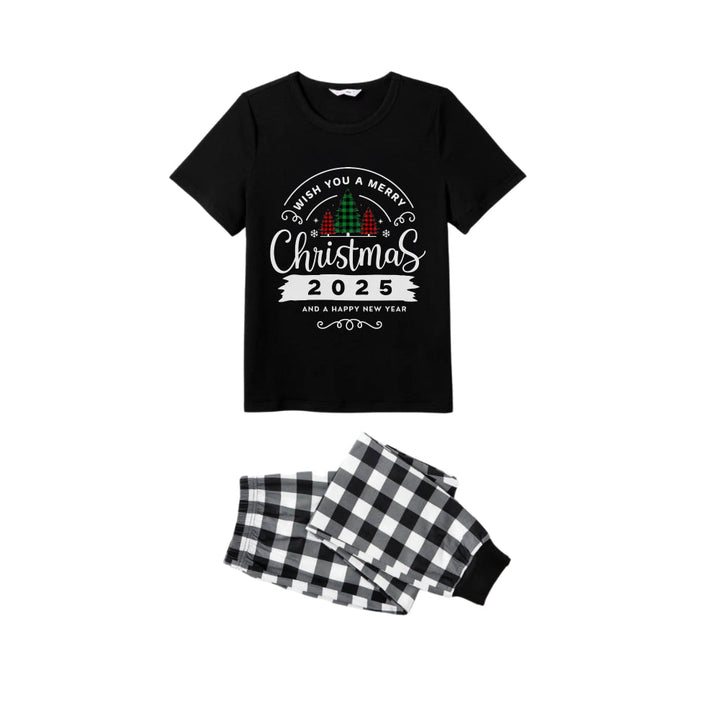 Drune | Schwarz-weißer kariert Kurzarm Weihnachten Familien-Pyjama-Set mit "Wünsche dir frohe Weihnachten 2025 und ein glückliches neues Jahr" Druck