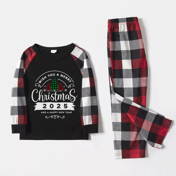 Drune | Weihnachtsfamilien-Pyjamas passend- rotes und graues karierter Pjs-Set mit “Wünsche dir ein frohes Weihnachtsfest” Druck