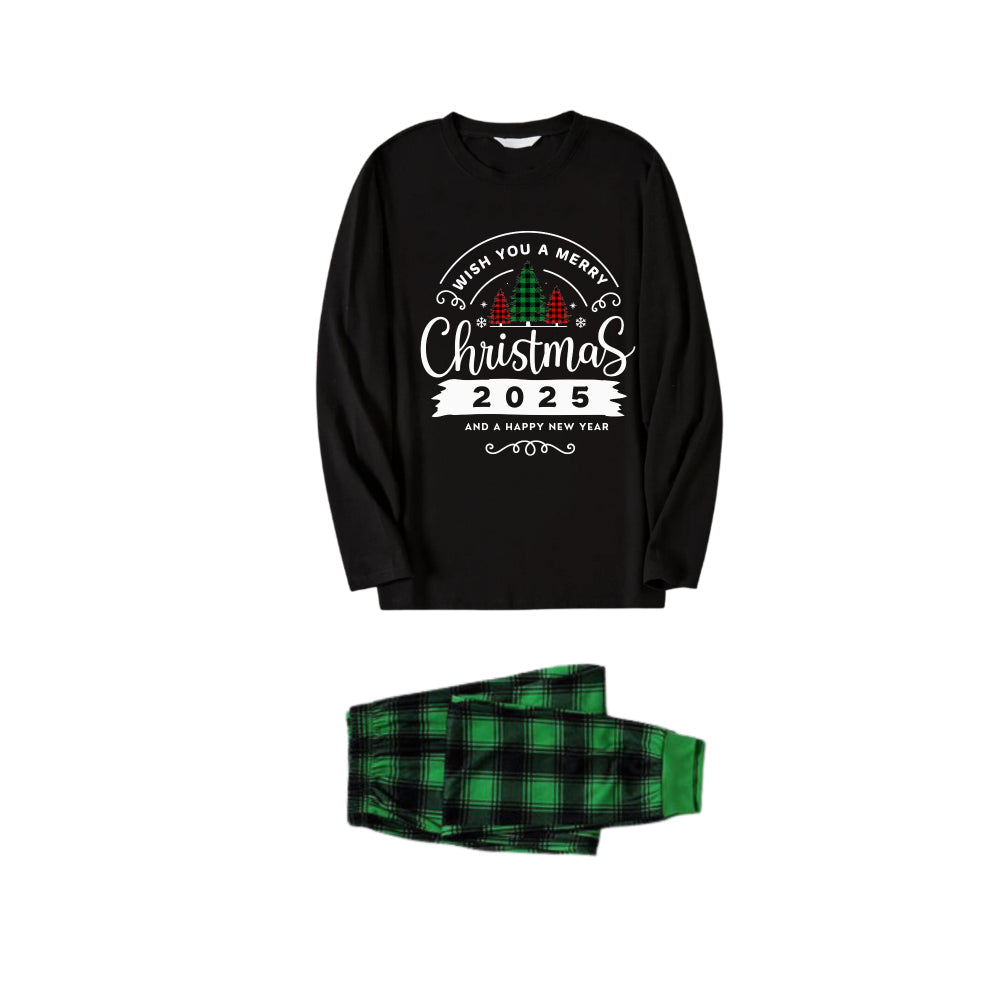 Drune | Weihnachtsfamilien-Pyjamas passend - Schwarzes Oberteil und grüne karierte Hose Pjs Set mit "Wünsche dir frohe Weihnachten 2025" Druck
