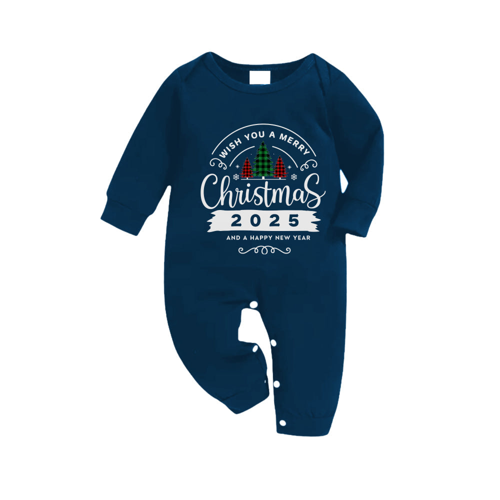 Drune | Weihnachtsfamilie passende Schlafanzüge - Marine- und Himmelsblau kariertes Pjs-Set mit dem Druck "Wünsche dir ein frohes Weihnachtsfest 2025"