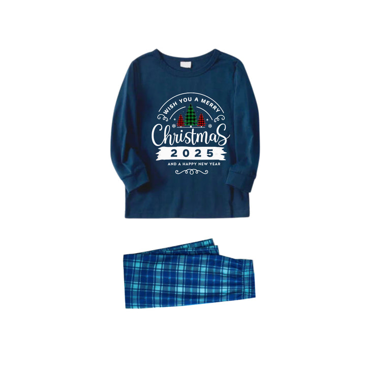 Drune | Weihnachtsfamilie passende Schlafanzüge - Marine- und Himmelsblau kariertes Pjs-Set mit dem Druck "Wünsche dir ein frohes Weihnachtsfest 2025"