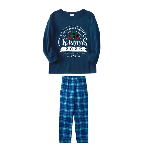 Drune | Weihnachtsfamilie passende Schlafanzüge - Marine- und Himmelsblau kariertes Pjs-Set mit dem Druck 
