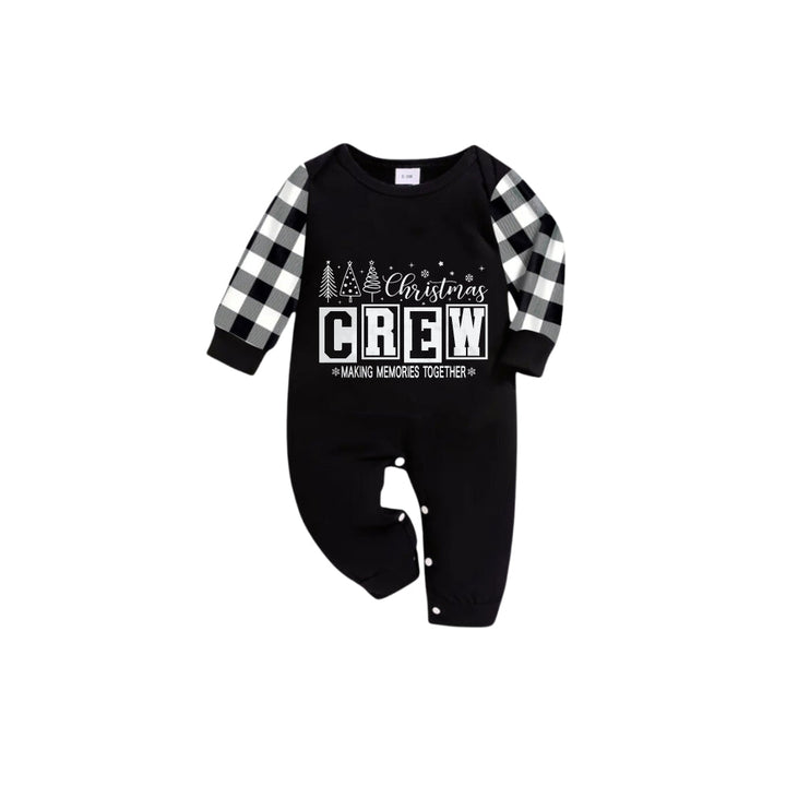Drune | Schwarz-weiße Karierte Kurzarm-Weihnachtsfamilien-Pyjama-Set mit "Christmas Crew Making Memories Together" Druck