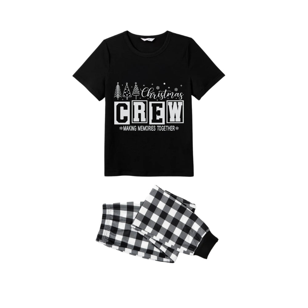 Drune | Schwarz-weiße Karierte Kurzarm-Weihnachtsfamilien-Pyjama-Set mit "Christmas Crew Making Memories Together" Druck