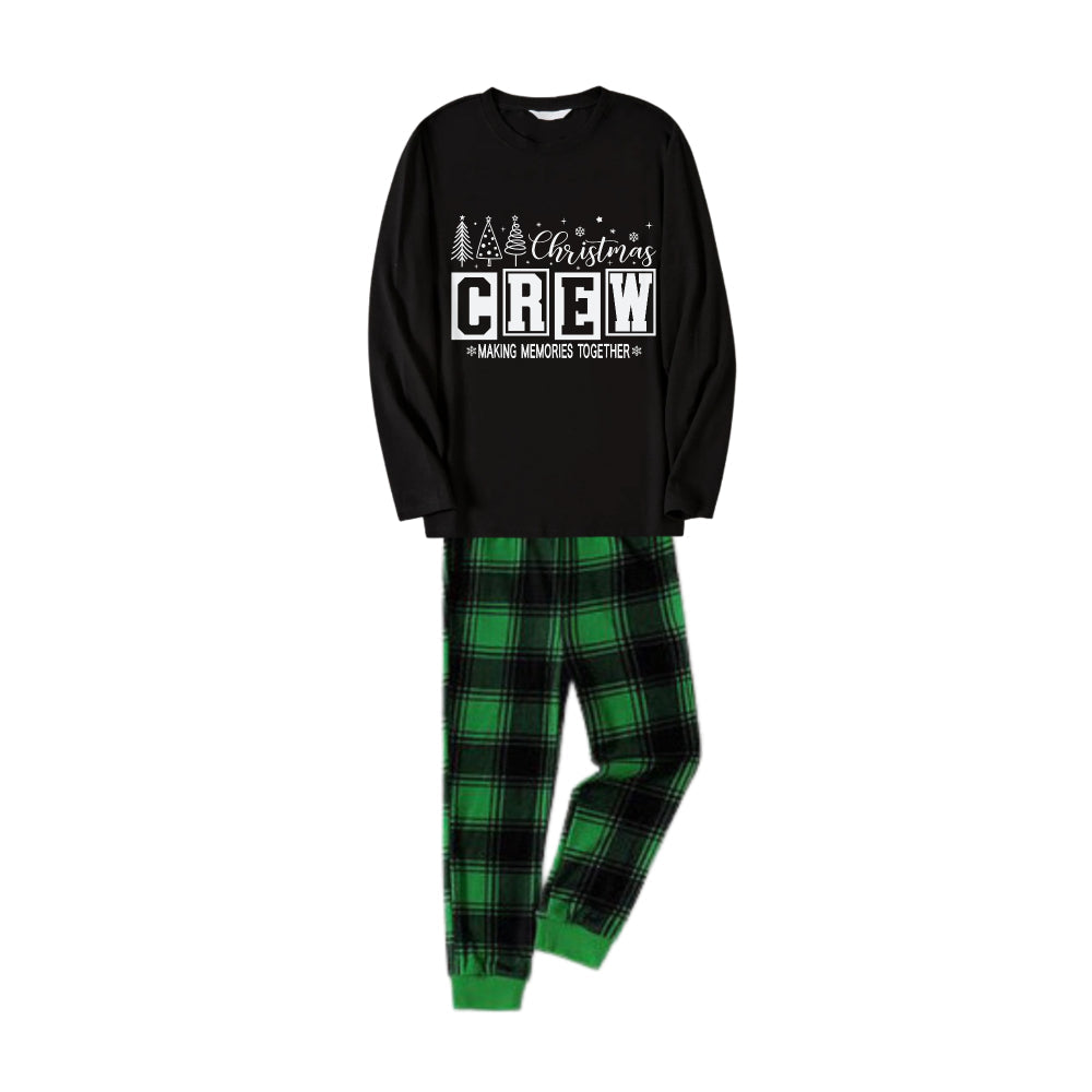 Drune | Weihnachtsfamilien-Pyjama-Abstimmung - Schwarzes Oberteil und grün karierten Hosen-Pyjama-Set mit "Christmas Crew Making Memories Together" Druck