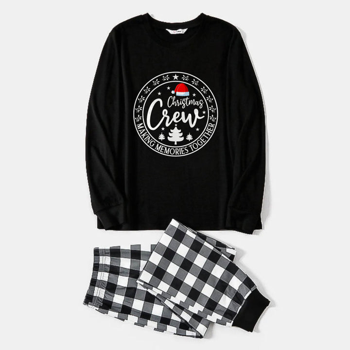 Drune | Schwarzes und weißes karierte Weihnachts-Pyjama-Set mit Santa-Hut und "Gemeinsam Erinnerungen schaffen" Textdruck
