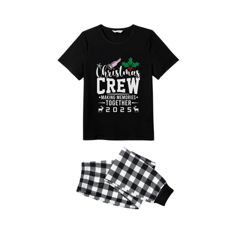 Drune | Schwarz-weißes Karomuster Kurzarm Weihnachts Familienpyjama-Set mit dem Aufdruck 