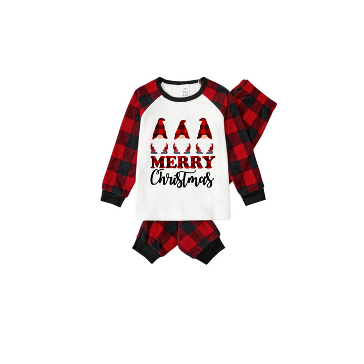 Drune | FRÖHLICHE Weihnachtsbriefe und Santa-Hut bedrucktes weißes Langarmoberteil mit rot-schwarzen karierten Hosen Familienpyjamas