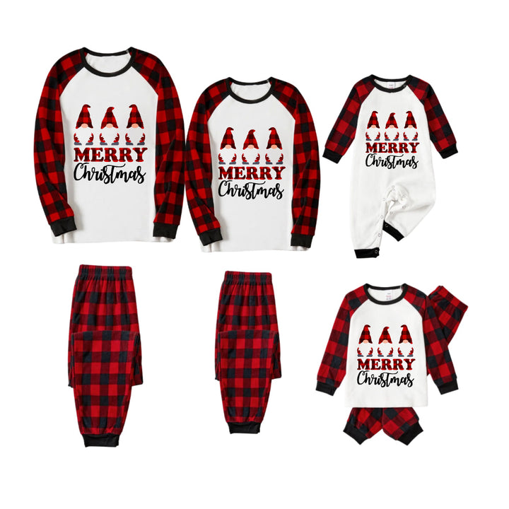 Drune | FRÖHLICHE Weihnachtsbriefe und Santa-Hut bedrucktes weißes Langarmoberteil mit rot-schwarzen karierten Hosen Familienpyjamas