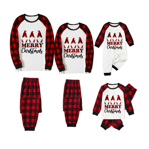 Drune | FRÖHLICHE Weihnachtsbriefe und Santa-Hut bedrucktes weißes Langarmoberteil mit rot-schwarzen karierten Hosen Familienpyjamas