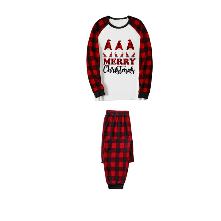 Drune | FRÖHLICHE Weihnachtsbriefe und Santa-Hut bedrucktes weißes Langarmoberteil mit rot-schwarzen karierten Hosen Familienpyjamas