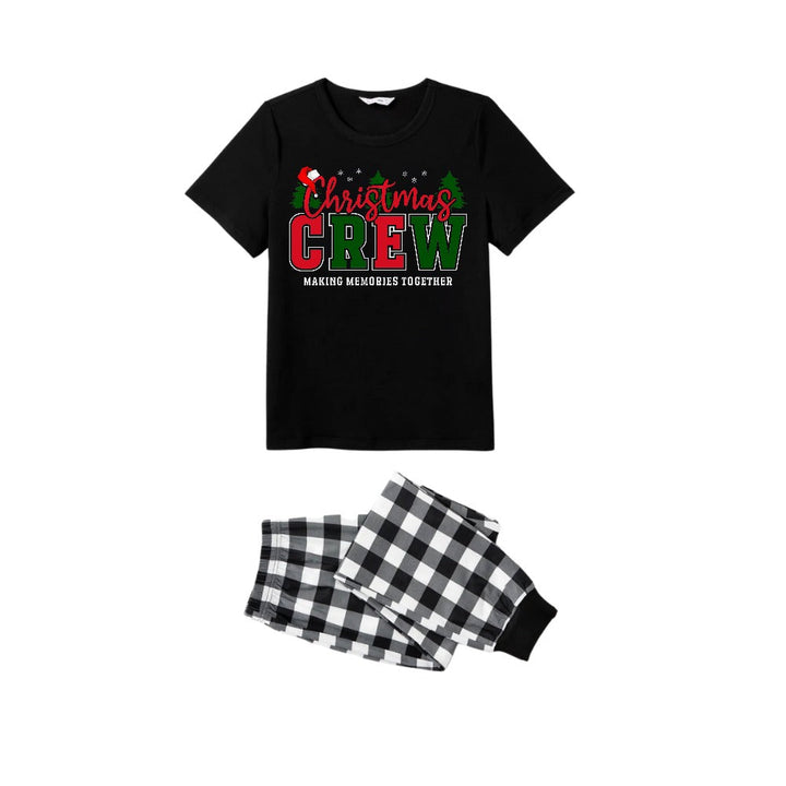 Drune | Schwarz- und Weißkariertes Kurzarm-Weihnachtsfamilien-Pyjama-Set mit buntem "Christmas Crew Making Memories Together"-Druck