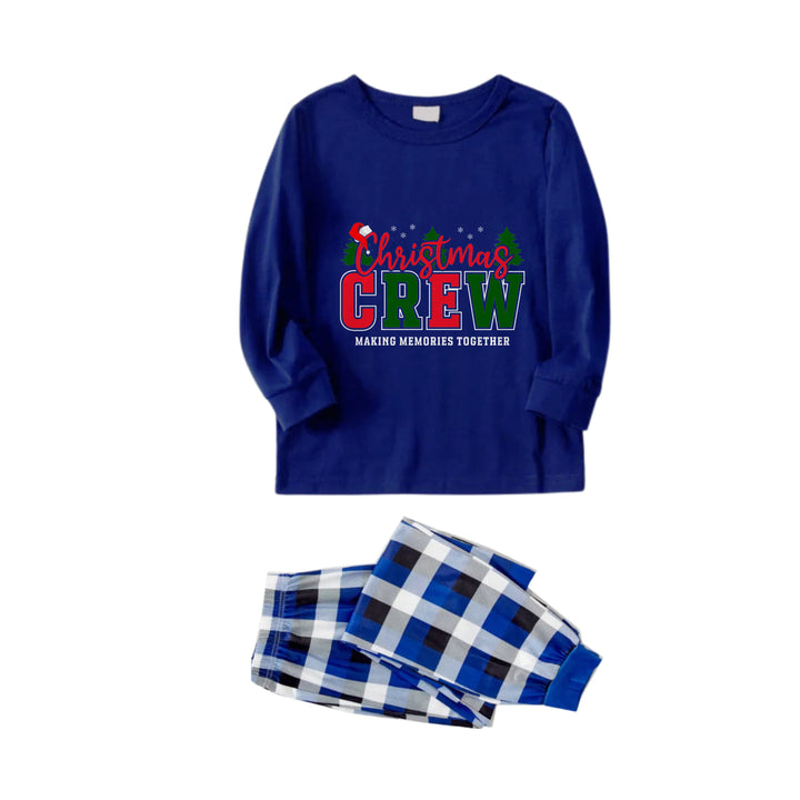 Drune | Weihnachts Familien passende Pyjamas - Marineblau & Weiß Karierte Pjs Set mit "Christmas Crew Making Memories Together" Slogan Druck