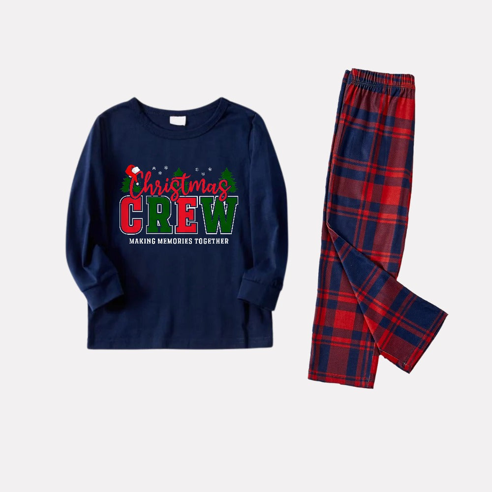 Drune | Weihnachtsfamilienpassende Schlafanzüge - Marineblau & Rote Karierte Pjs Set mit "Christmas Crew Making Memories Together" Aufdruck