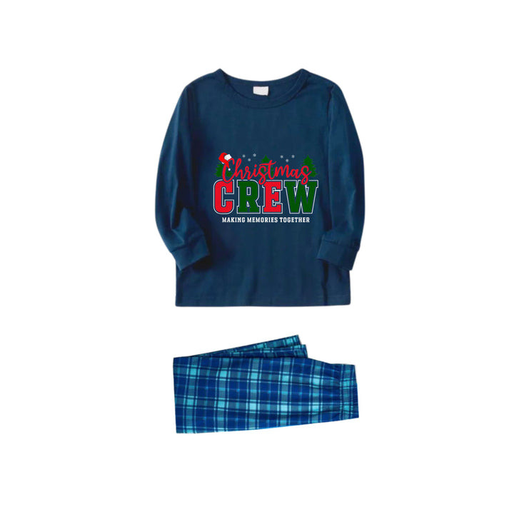 Drune | Weihnachtsfamilien-Pyjama-Matching - Navy & Himmelblau Plaid Pjs Set mit dem Slogan "Christmas Crew Making Memories Together" Print