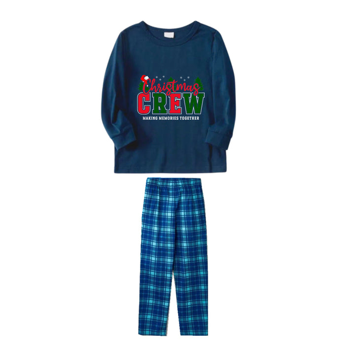Drune | Weihnachtsfamilien-Pyjama-Matching - Navy & Himmelblau Plaid Pjs Set mit dem Slogan "Christmas Crew Making Memories Together" Print