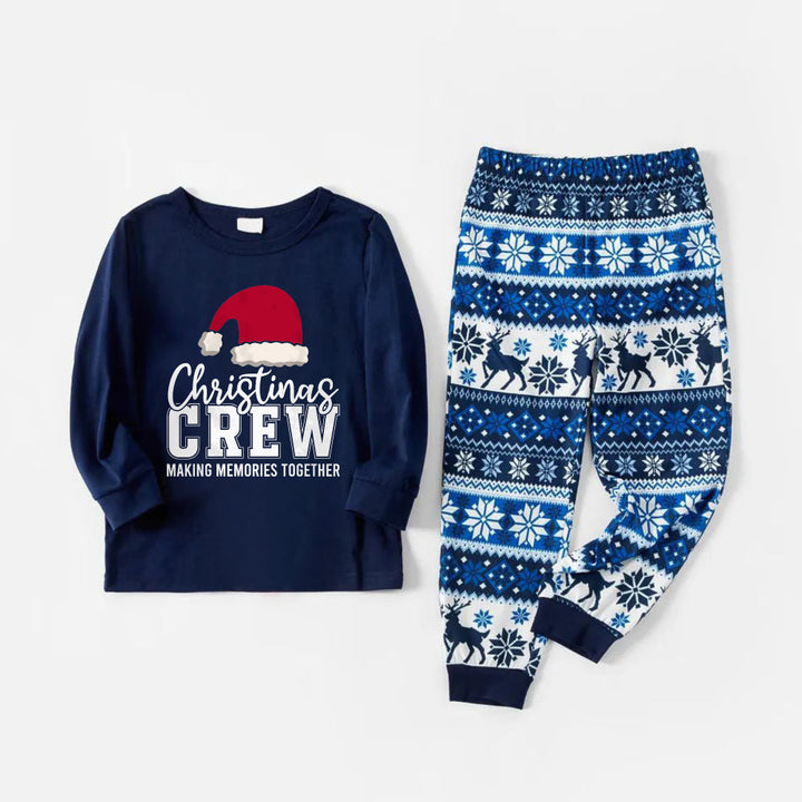 Drune | Freudenfrohe Blaue Weihnachts-Pyjama-Set mit Weihnachtsmann-Hut und Textdruck
