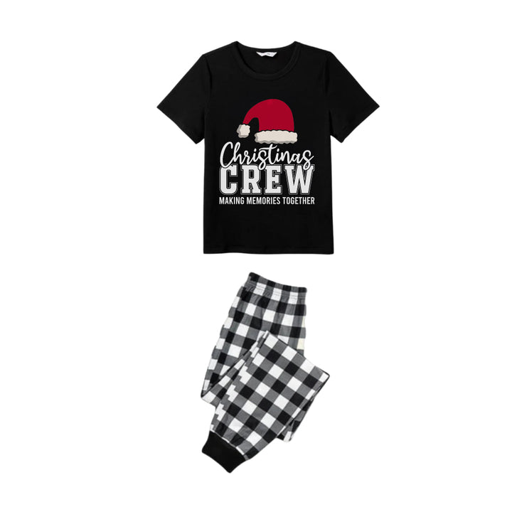 Drune | Schwarz-weißes karriertes Kurzarm-Weihnachtsfamilien-Pyjama-Set mit Weihnachtsmannmütze und Textdruck