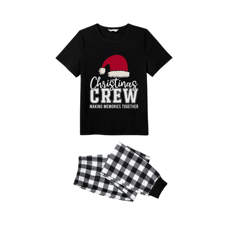 Drune | Schwarz-weißes karriertes Kurzarm-Weihnachtsfamilien-Pyjama-Set mit Weihnachtsmannmütze und Textdruck