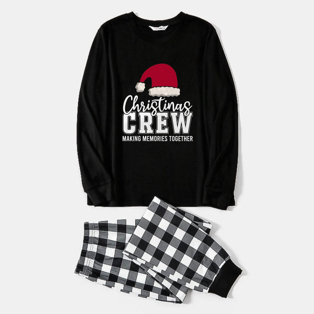 Drune | Schwarz-weiß kariertes Weihnachts-Pyjama-Set mit Weihnachtsmann-Hut und "Christmas Crew Making Memories Together"-Druck