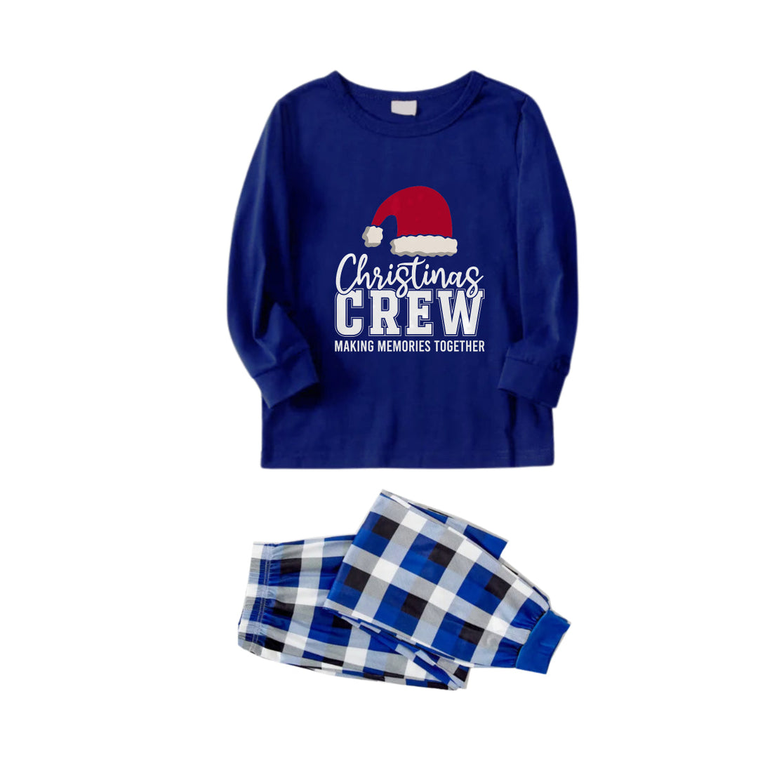 Drune | Weihnachtsfamilien-Matching-Pajamas-Navy & Weiße Karierte PJs-Set mit "Christmas Crew Making Memories Together" und Santa Hut Muster Druck