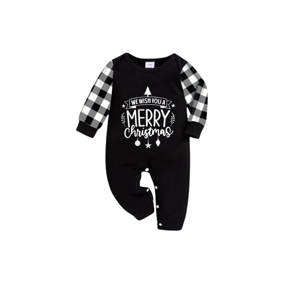 Drune | Schwarz und Weiß Karierte Kurzarm Weihnachtsfamilien-Pyjama-Set mit Weihnachts-Textdruck