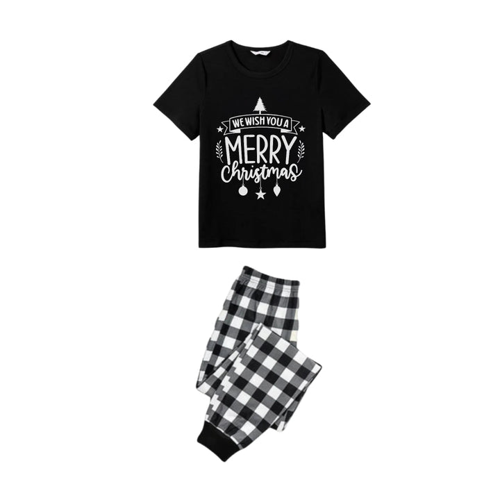 Drune | Schwarz und Weiß Karierte Kurzarm Weihnachtsfamilien-Pyjama-Set mit Weihnachts-Textdruck