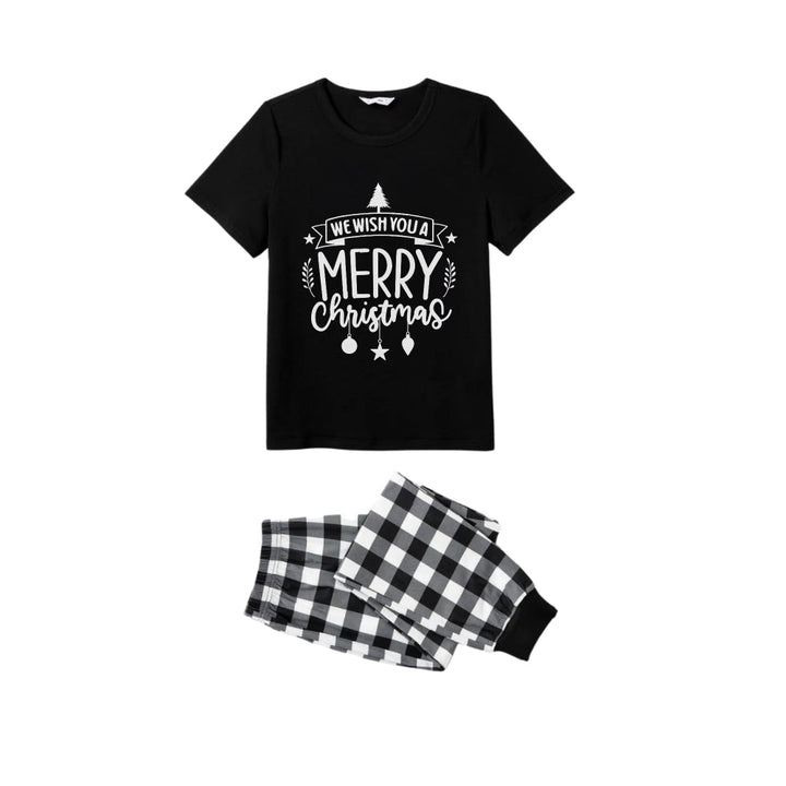 Drune | Schwarz und Weiß Karierte Kurzarm Weihnachtsfamilien-Pyjama-Set mit Weihnachts-Textdruck