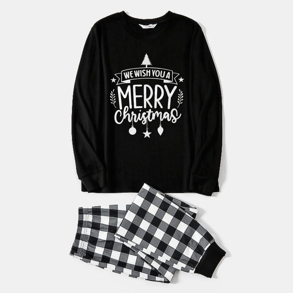 Drune | Schwarz-weiß kariertes Weihnachts-Pyjama-Set mit "We Wish You A Merry Christmas" Schwarz-weißem Textdruck