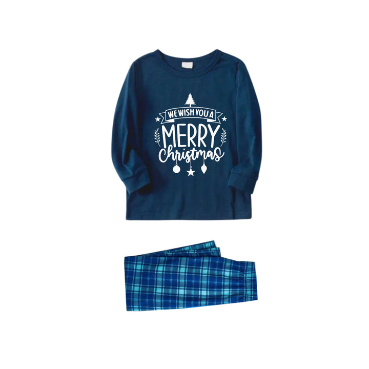 Drune | Weihnachtsfamilien-Pyjama-Set - Marineblau & Himmelblau Karierte PJs mit "Wir Wünschen Euch Ein Frohes Fest" Slogan Druck