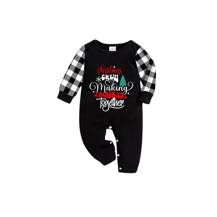 Drune | Schwarz-Weiß kariertes kurzärmliges Weihnachts-Pajama-Set mit süßem Textdruck