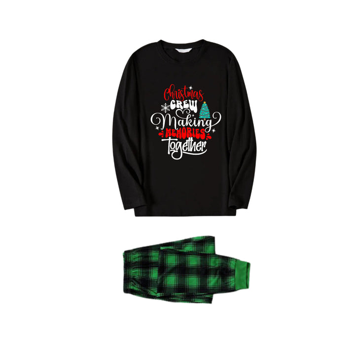 Drune | Weihnachtsfamilien-Pyjamas im Partnerlook - Schwarzes Oberteil und grüne karierte Hose Pjs Set mit "Christmas Crew Making Memories Together" künstlerischem Schriftzug