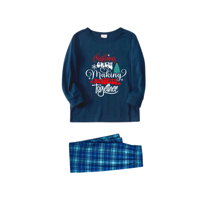 Drune | Weihnachtsfamilien-Matching-Pyjamas - Marineblau & Hellblau Karos Pjs Set mit "Christmas Crew Making Memories Together" Künstlerischer Schriftzug Druck