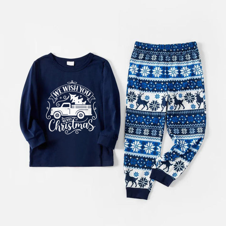 Drune | Freudvolle Blaue Weihnachts-Pyjama-Set mit Weihnachtsbaum- und Auto-Print