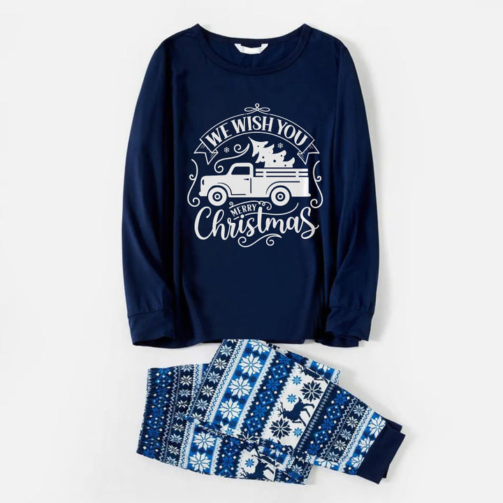 Drune | Freudvolle Blaue Weihnachts-Pyjama-Set mit Weihnachtsbaum- und Auto-Print