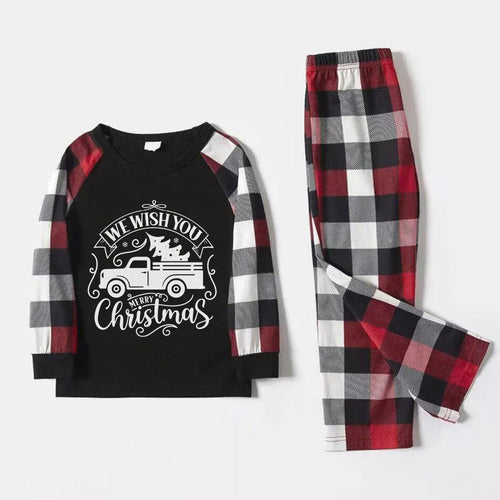 Drune | Weihnachtsfamilien-Matching-Pyjamas - Rote und graue karierte Pyjamas mit dem künstlerischen Schriftzug 