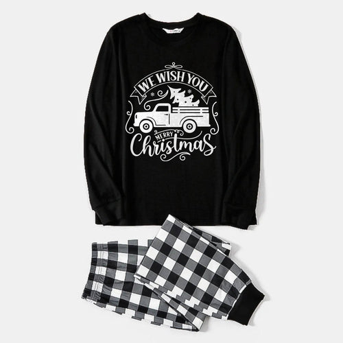 Drune | Schwarz-weiß kariertes Weihnachts-Pyjama-Set mit Auto und 